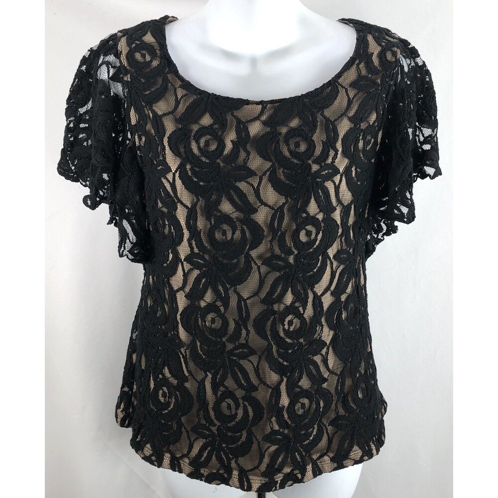 Vintage Babydoll Top S Blk Lace flutter short Sleeve Fairy whimsy Gothic Y2K